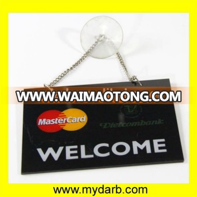 Black acrylic door sign with suction cup and metal chain