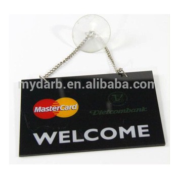 Black acrylic door sign with suction cup and metal chain